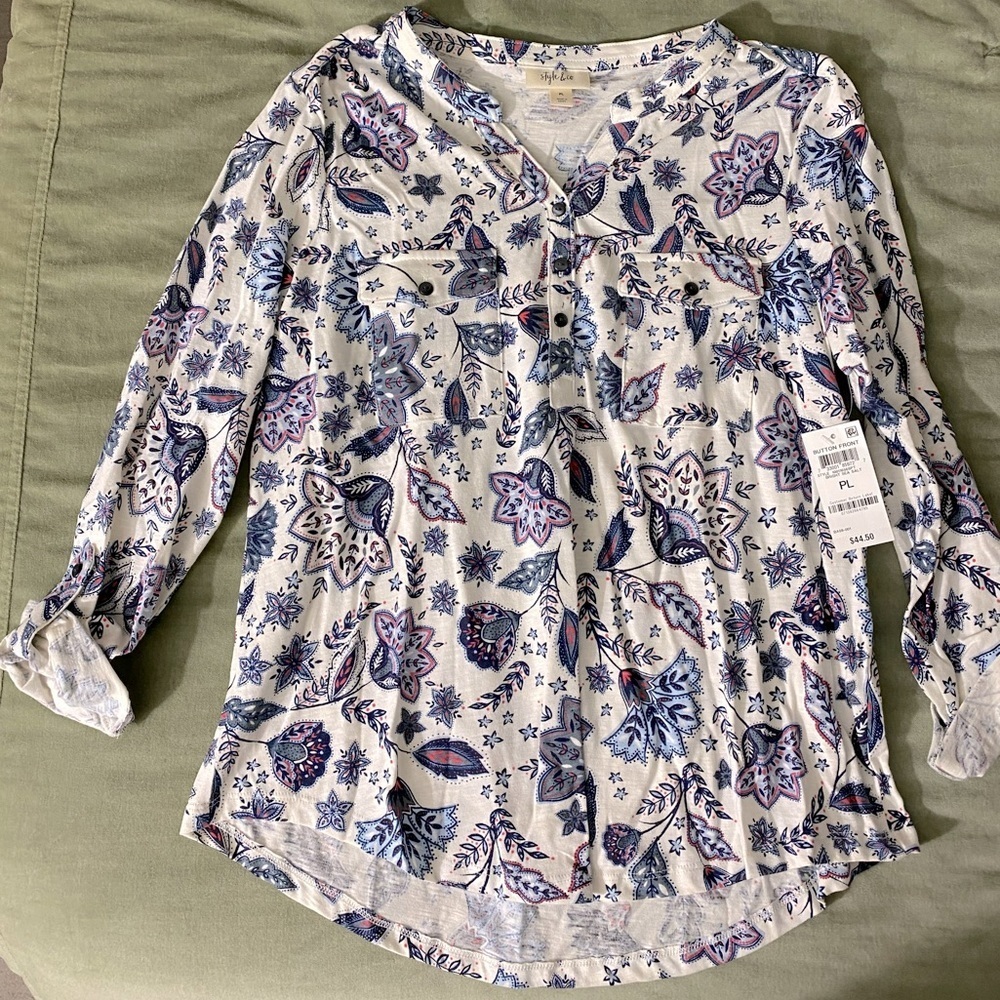 Style & Co shirt button up collar Bright Sea Salt rollable sleeves Sz PL O-15